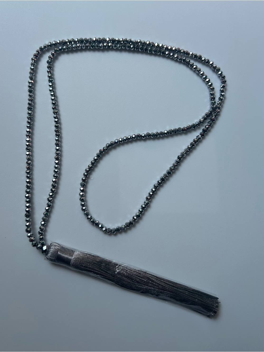 Gunmetal Beaded Long Necklace with Grey Silk Tassel Pendant - Picture 2 of 7